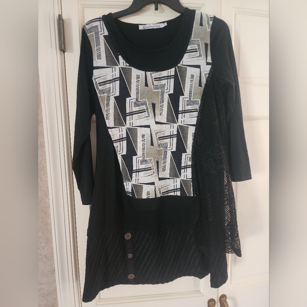 C'Fait Pour Vous Paris Black Blue Gray Sweater Tunic Dress Art Dress Sz 1 small
